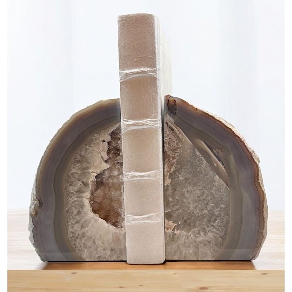 Agate Bookends Crystal Geode Center Natural Stone Book End Bookshelf Decor (FQ)